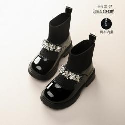 百丽 26秋冬季新品女童皮靴加绒保暖袜靴短靴