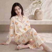 芬腾 秋季睡衣女薄款纯棉长袖翻领可外穿女士家居服套装