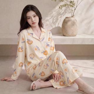 芬腾 秋季睡衣女薄款纯棉长袖翻领可外穿女士家居服套装