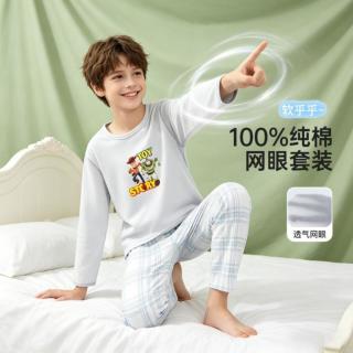 迪士尼 儿童睡衣100纯棉男童春秋家居服套装男童睡衣