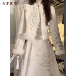 美安嘉 秋冬新中式复古改良旗袍碎花连衣裙毛边拼接加绒加厚外套装