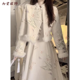 美安嘉 秋冬新中式复古改良旗袍碎花连衣裙毛边拼接加绒加厚外套装