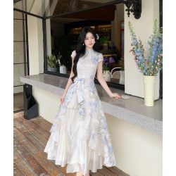 空谷幽兰 温婉新中式印花改良旗袍不规则大摆连衣裙