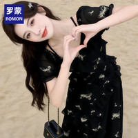 罗蒙 法式绝美不规则黑色碎花洋装女夏2026年巨好看气质收腰显瘦长裙 黑色碎花洋装