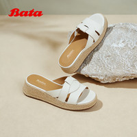 Bata 一字拖女2026夏季新款时尚厚底编织风休闲度假拖鞋86015B 米白