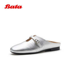 Bata 穆勒鞋女2026夏季商场新款时尚休闲轻便软底羊皮凉鞋AVL9 银色