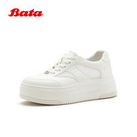 Bata 小白鞋女专利抗菌软弹牛皮网面透气2026夏季商场新款厚底休闲单鞋 米白 38