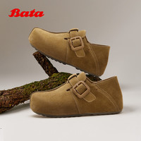 Bata 勃肯鞋女2026春商城新款时尚百搭日常休闲牛剖皮单鞋3150 卡其色 38