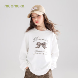 MUCMUKN 7A抑菌软糯棉 复古豹纹T恤甜心蝴蝶结长袖女童秋装 米白 110 cm