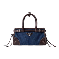 PRADA 普拉达 Bonnie小号丹宁牛仔牛皮革拼接手袋 蓝色