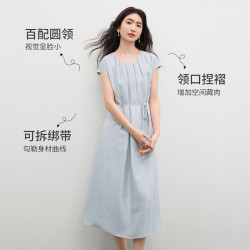 尚都比拉 莱赛尔醋酸连衣裙女春夏温柔优雅圆领捏褶A字裙宽松显瘦中长裙 浅灰色 M