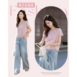 德玛纳 夏季180G棉氨圆领打底衫蕾丝小个子女式t恤