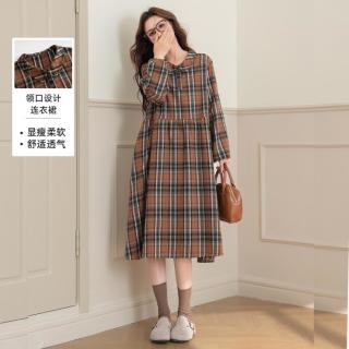 班尼路 POLO领格纹长袖T恤连衣裙女气质优雅时尚休闲春秋A字中长裙