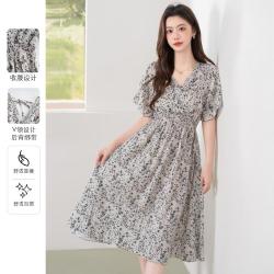 班尼路 夏季时尚V领碎花连衣长裙女休闲舒适气质优雅时尚高端气质A字裙