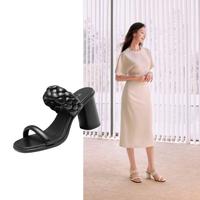 ecco 女鞋拖鞋 法式真皮粗高跟凉拖鞋 雕塑233303