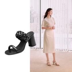 ecco 女鞋拖鞋 法式真皮粗高跟凉拖鞋 雕塑233303