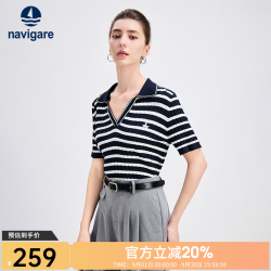 navigare 小帆船针织条纹T恤女士25夏季新款V领体恤衫时尚上衣 蓝底白纹 M