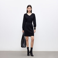 VERO MODA VEROMODA连衣裙新款V领纯色收腰显瘦针织裙325346014 黑色 XS