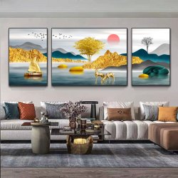 客厅三联画晶瓷画沙发背景墙装饰画镶钻生财有鹿