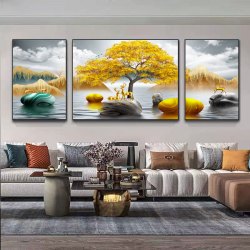 新款客厅装饰画三连组合大带框晶瓷画装饰画现代简约
