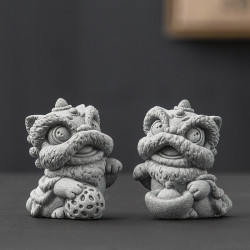 聚正 国风醒狮石狮子摆件一对吉祥物装饰品茶宠工艺品创意礼品生日礼物