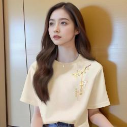 吉妮 纯棉2026夏季T恤短袖女新中式国风兔子印花宽松显瘦百搭上衣
