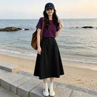 限尺码：乔娜安达 显瘦遮胯套装女2026夏季圆领条纹短袖休闲风口袋半身裙两件套