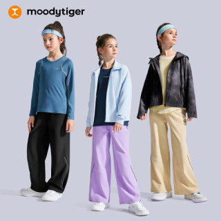 moodytiger 女童裤子梭织拒水春秋款儿童长裤童装宽松阔腿裤休闲运动微喇裤 炭黑色 140