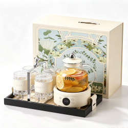 玻璃水杯茶杯套装底座+1.1L壶+4杯+杯架+托盘礼盒装
