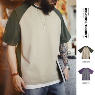 马登 工装美式复古撞色凉感T恤速干跑步运动插肩袖防晒短袖男夏季 绿撞浅咖 L