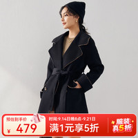 帕罗 秋冬新款宽松翻领系带纯色毛呢大衣女士羊毛羊绒双面细带外套