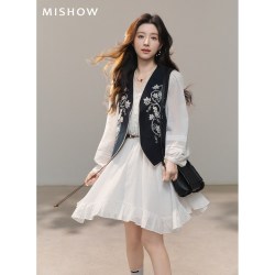 谜秀 刺绣马甲 复古甜美套装女