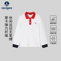 20点开始：navigare 意大利小帆船童装女童polo衫儿童长袖T恤学院翻领上衣5 海在唱歌白色 150