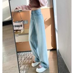 燠阳 浅色窄版阔腿牛仔裤女秋季新款高腰小个子显瘦宽松垂感直筒拖地裤
