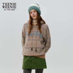 TEENIE WEENIE 小熊女装时尚简约毛衣冬季游牧风提花字母连帽针织衫 卡其色