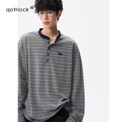 QOTRIOCK 美式亨利领排扣条纹长袖男女春季潮牌松弛感腊肠狗印花情侣休闲T