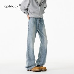 QOTRIOCK 美式cleanfit浅蓝牛仔裤男秋季潮牌宽松直筒微喇裤水洗做旧休闲裤