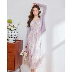爱依服 高腰碎花蕾丝吊带裙女秋季温柔轻熟风纯色长袖开衫套装