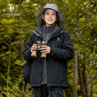 U.S. POLO ASSN. 夹克外套女冲锋衣三合一两件套抓绒保暖登山服 黑色
