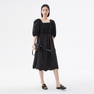 播 简约方领连衣裙女夏季时尚褶皱休闲收腰