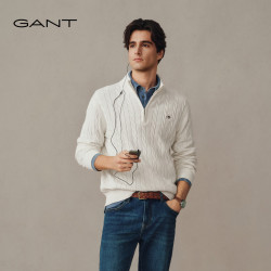 GANT 秋冬男士纯棉绞花针织衫复古学院风新年长袖针织 115-素净白 L