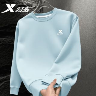 特步 卫衣男士2026年新款针织圆领套头衫加厚休闲百搭运动服打底秋衣男 微光蓝 L /175
