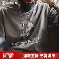 马登 20点!工装美式复古印花做旧t恤圆领套头宽松灰色磨毛短袖衫男士秋 深灰色