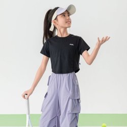 女童运动短袖T恤2026夏季轻薄凉感儿童短款速干衣套装 极速黑T恤 170 cm