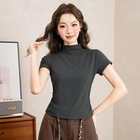 真维斯 美式辣妹半高领正肩短袖t恤女夏季修身紧身洋气褶皱收腰打底上衣
