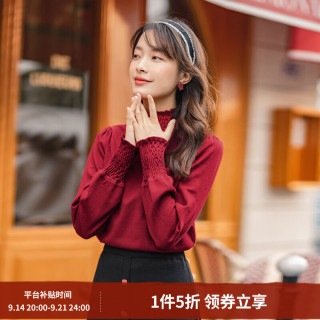 茵曼 红色本命年红服春秋木耳边高领泡泡袖显瘦复古针织毛衣女 枫叶红