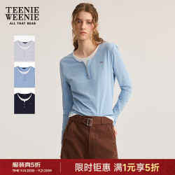 TEENIE WEENIE 小熊女装T恤秋季简约复古时髦撞色拼接长袖 蓝色