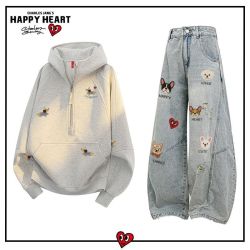 CHARLES JANG'S HAPPY HEART 小狗印花休闲套装男女春秋季新款宽松卫衣牛仔裤一套潮
