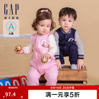 Gap 婴儿2024初秋小熊logo撞色插肩袖连体衣儿童装爬服643422 粉色 73cm(6-9月) 亚洲尺码