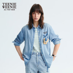 TEENIE WEENIE 小熊女装春秋季时髦复古美式宽松刺绣落肩牛仔衬衫 浅蓝色